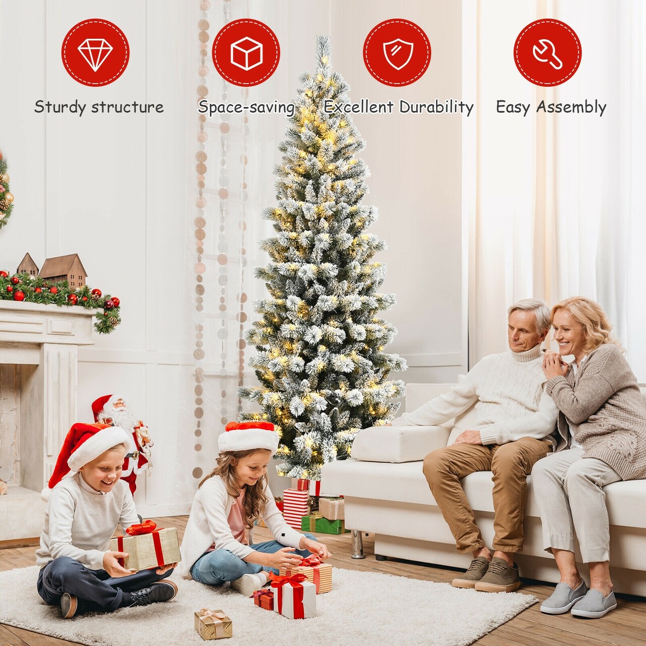 Pre Lit Hinged Christmas Tree Snow Flocked with 9 Modes Remote